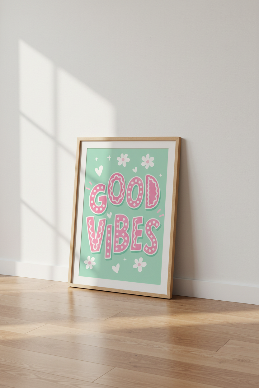Retro Pastel Wall Art Print | Good Vibes Pink Mint Poster | Aesthetic Dorm Room Decor