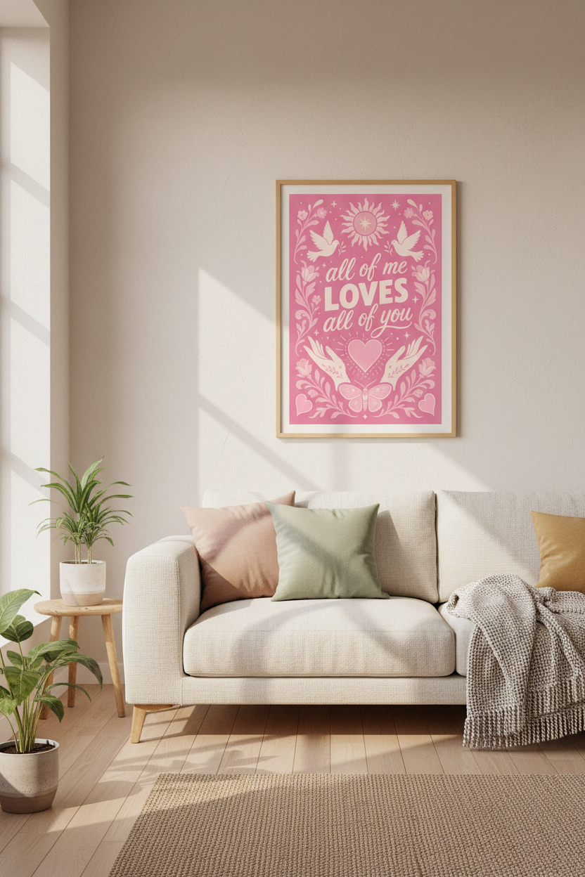 All of Me Loves All of You Wall Art | Pink Love Quote Poster | Boho Bedroom Decor