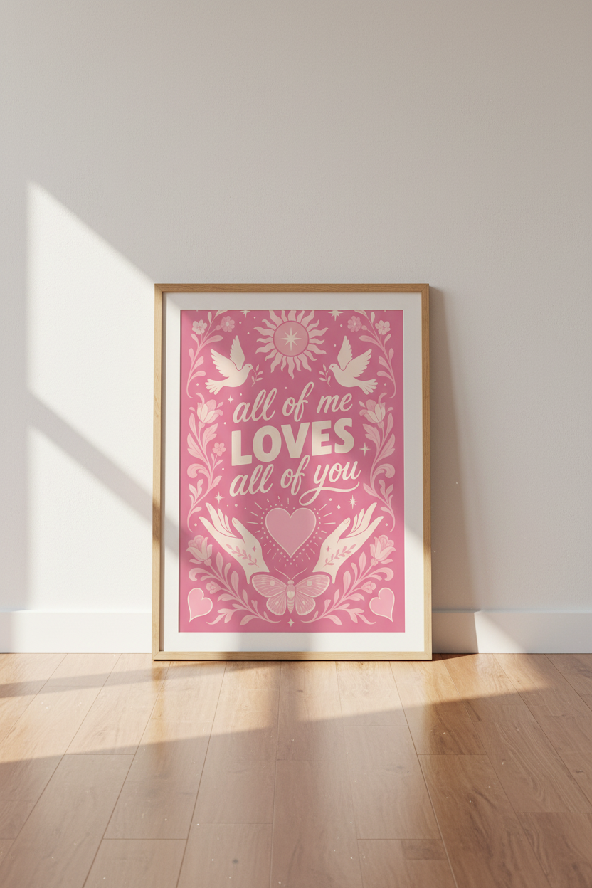 All of Me Loves All of You Wall Art | Pink Love Quote Poster | Boho Bedroom Decor