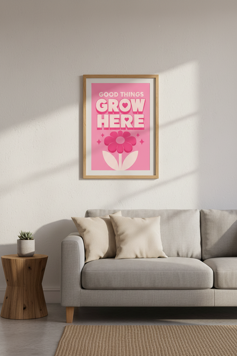 Retro Pink Quote Wall Art | Groovy Flower Poster, Dorm &amp; Nursery Decor