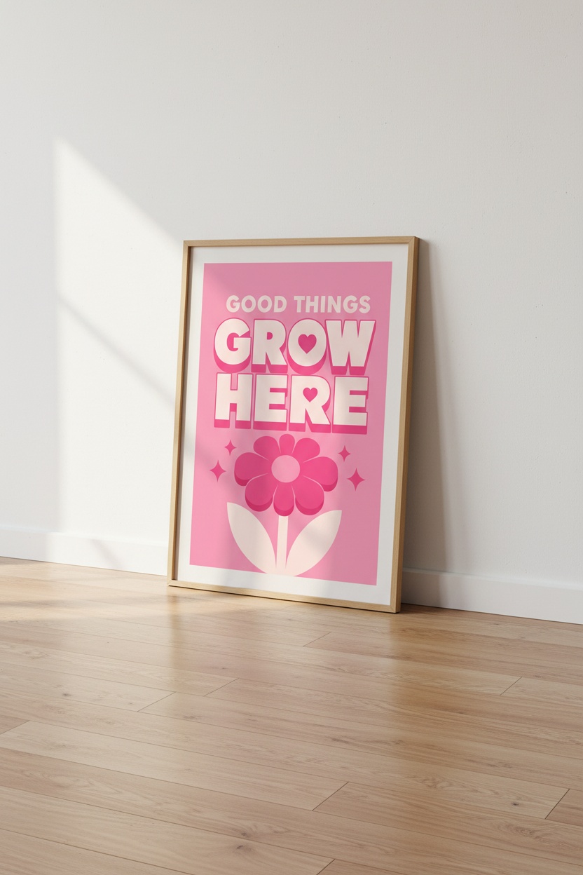 Retro Pink Quote Wall Art | Groovy Flower Poster, Dorm &amp; Nursery Decor