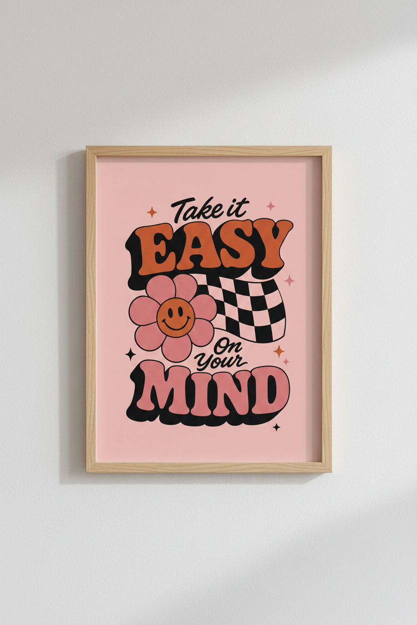 Retro Take It Easy Wall Art Print | Pink Groovy Bedroom Decor | Boho Smiley Poster