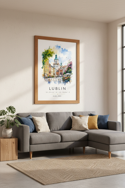 Lublin Poland Watercolor Wall Art | European City Travel Poster | Old Town Decor