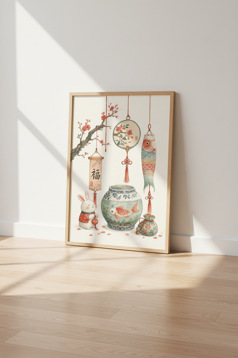 Japanese Lunar New Year Wall Art | Watercolor Rabbit &amp; Koi Poster, Asian Decor