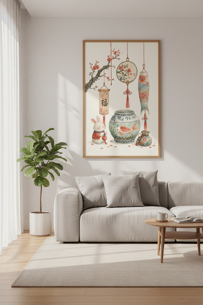 Japanese Lunar New Year Wall Art | Watercolor Rabbit &amp; Koi Poster, Asian Decor