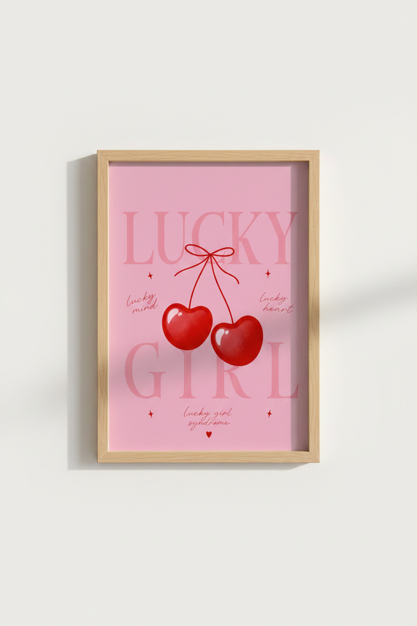 Lucky Girl Syndrome Poster | Pink Cherry Manifestation Wall Art | Aesthetic Room Decor