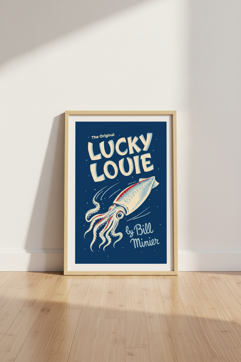 Lucky Louie Squid Wall Art | Retro Navy Nautical Decor | Ocean Sea Life Poster