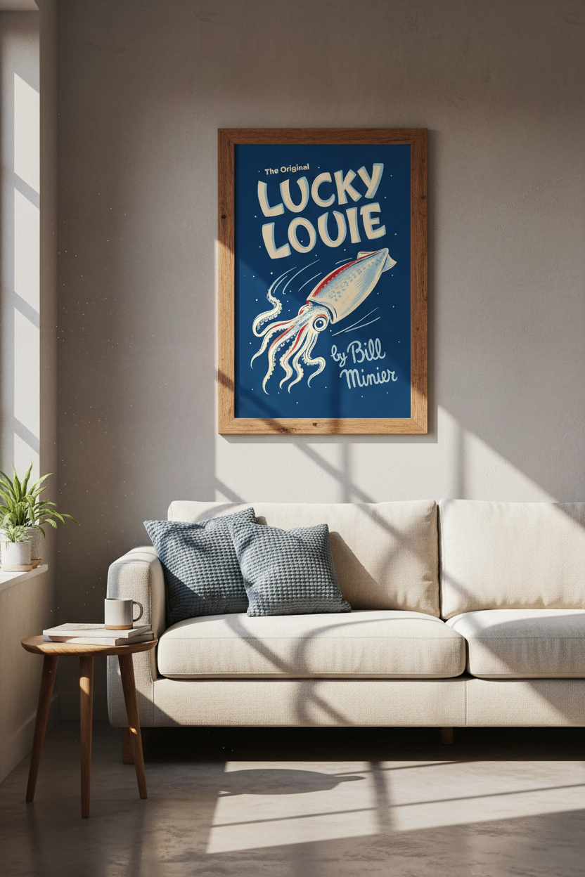 Lucky Louie Squid Wall Art | Retro Navy Nautical Decor | Ocean Sea Life Poster