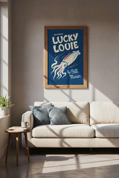 Lucky Louie Squid Wall Art | Retro Navy Nautical Decor | Ocean Sea Life Poster