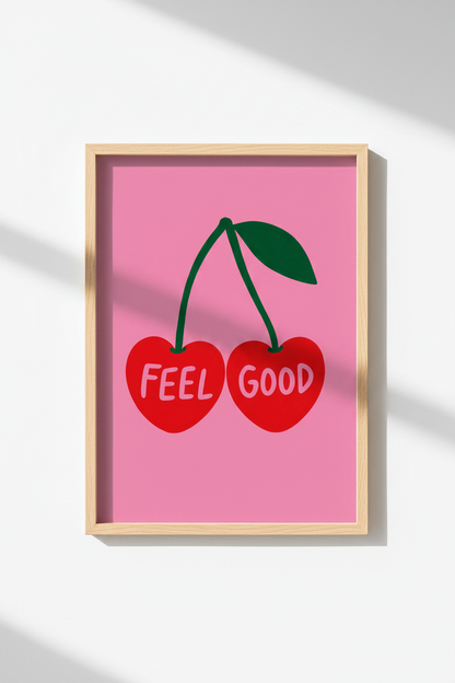 Cherry Wall Art Print | Retro Pink Feel Good Poster | Cute Kitchen &amp; Dorm Room Decor