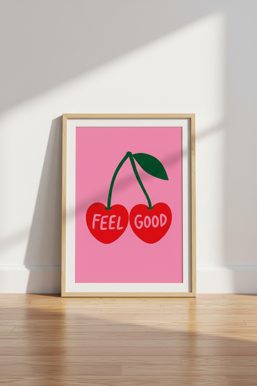 Cherry Wall Art Print | Retro Pink Feel Good Poster | Cute Kitchen &amp; Dorm Room Decor