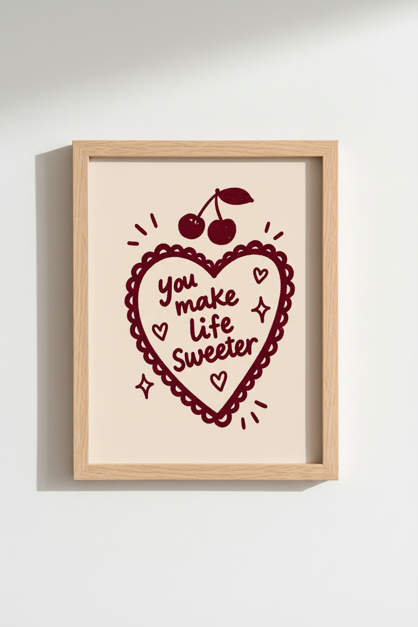 Cherry Heart Art | Burgundy Doodles, Living Room Decor | Whimsical Poster