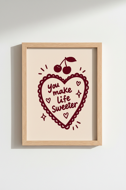Cherry Heart Art | Burgundy Doodles, Living Room Decor | Whimsical Poster