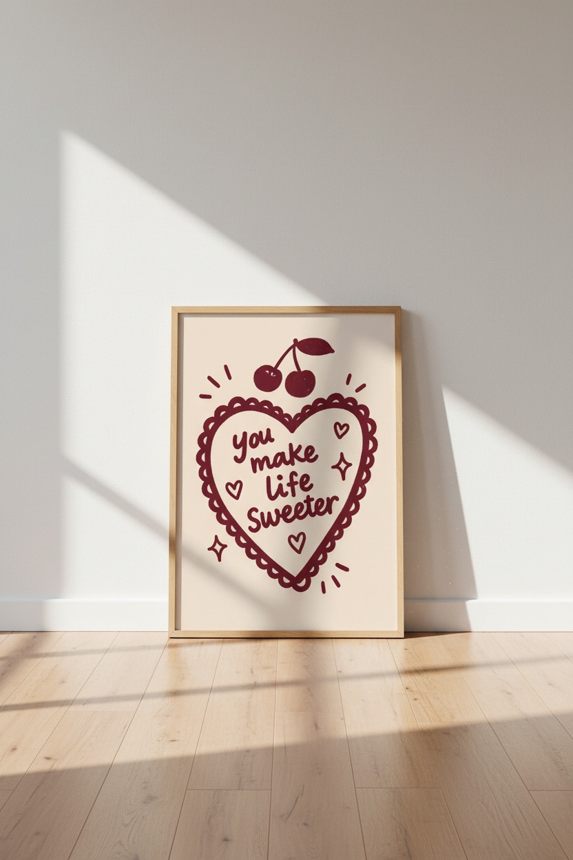Cherry Heart Art | Burgundy Doodles, Living Room Decor | Whimsical Poster