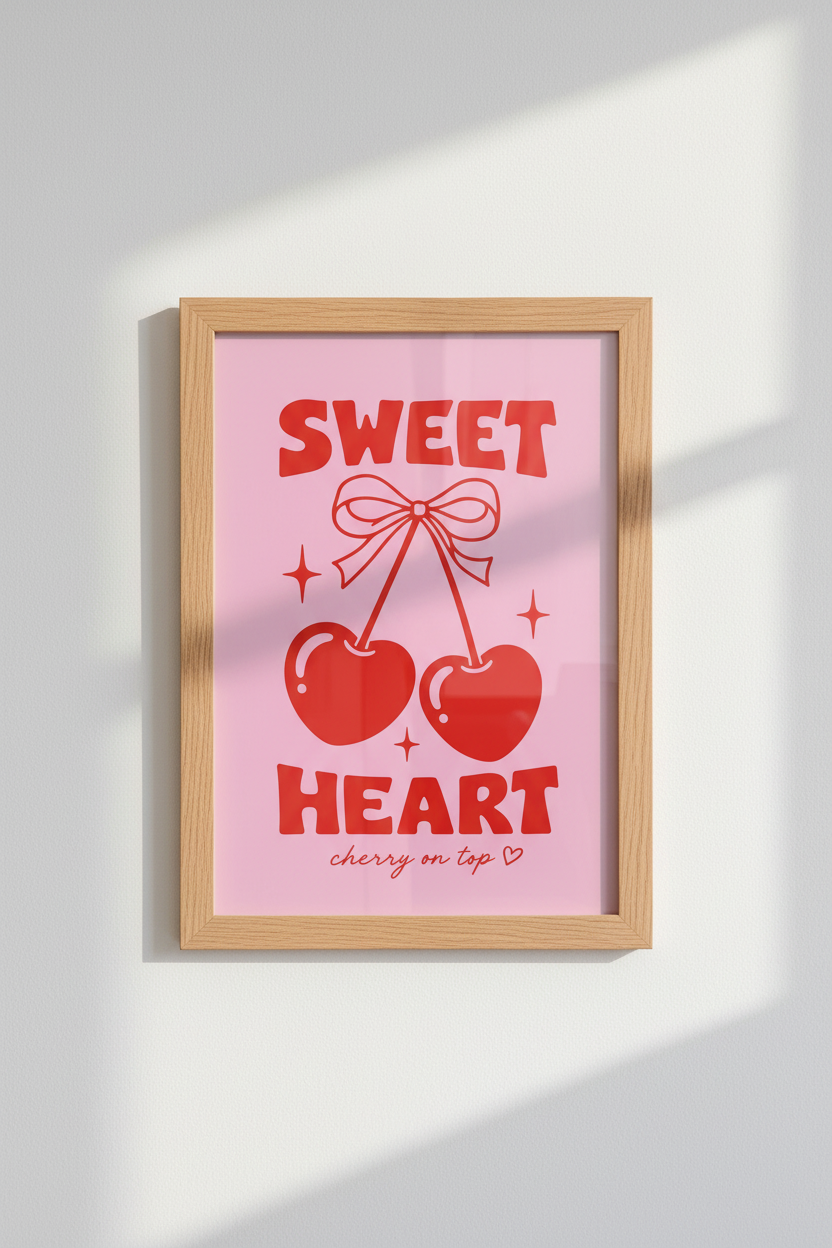 Cherry Bow Wall Art Print | Retro Coquette Pink &amp; Red Poster | Trendy Preppy Decor