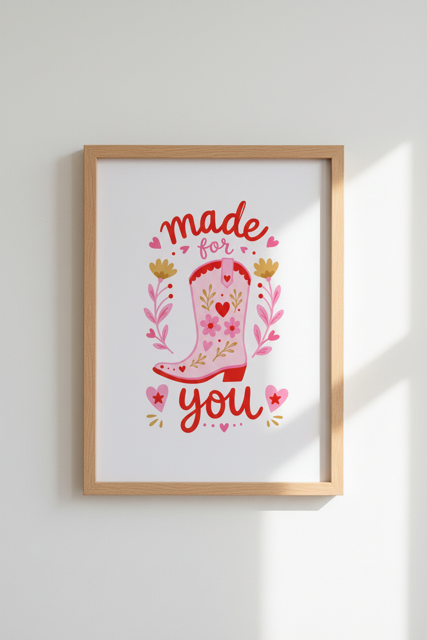 Pink Cowgirl Boot Art | Preppy Western Decor, Made For You Heart Poster
