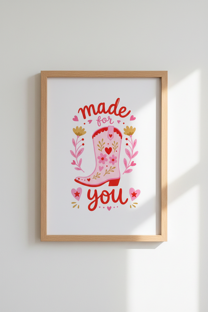 Pink Cowgirl Boot Art | Preppy Western Decor, Made For You Heart Poster