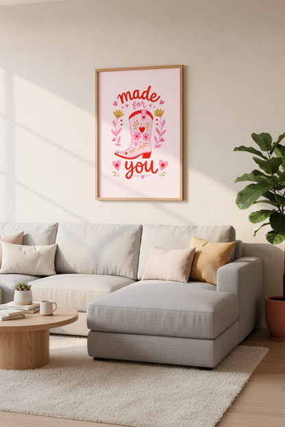 Pink Cowgirl Boot Art | Preppy Western Decor, Made For You Heart Poster