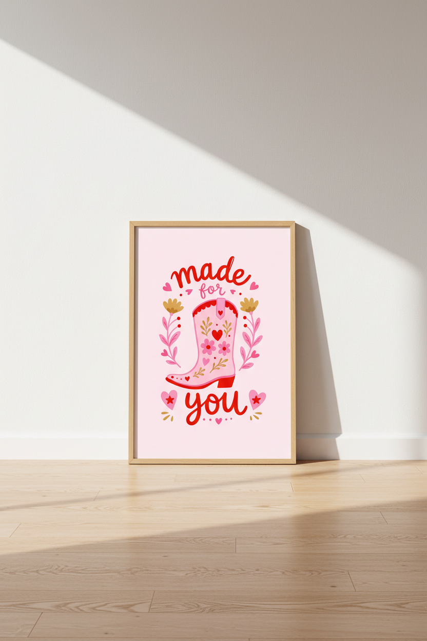 Pink Cowgirl Boot Art | Preppy Western Decor, Made For You Heart Poster