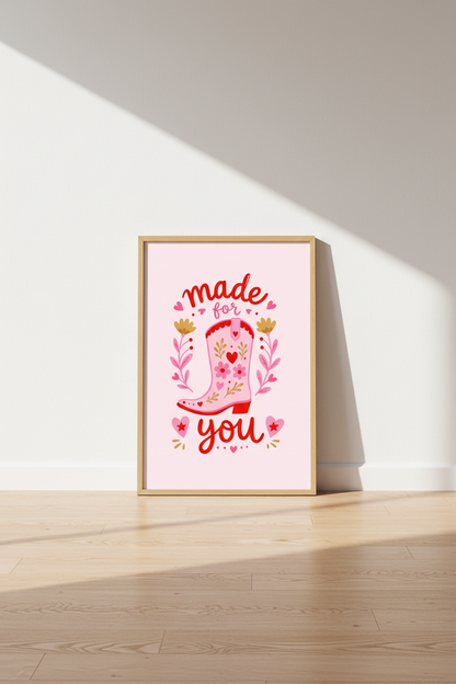 Pink Cowgirl Boot Art | Preppy Western Decor, Made For You Heart Poster