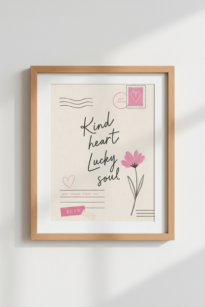 Coquette Quote Art Print | Pink Floral Aesthetic, Kind Heart Lucky Soul Poster