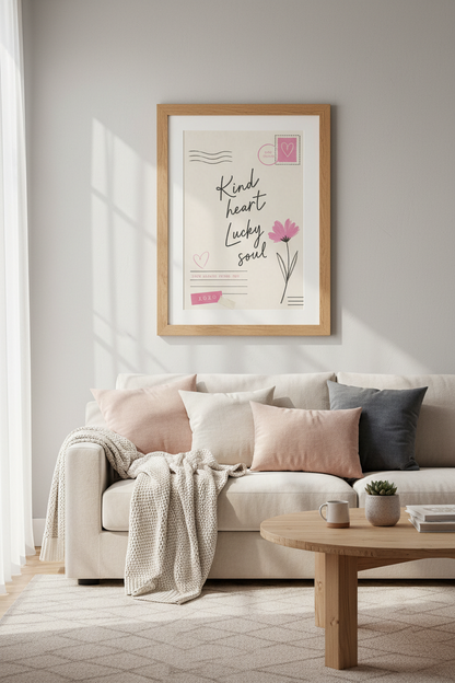Coquette Quote Art Print | Pink Floral Aesthetic, Kind Heart Lucky Soul Poster