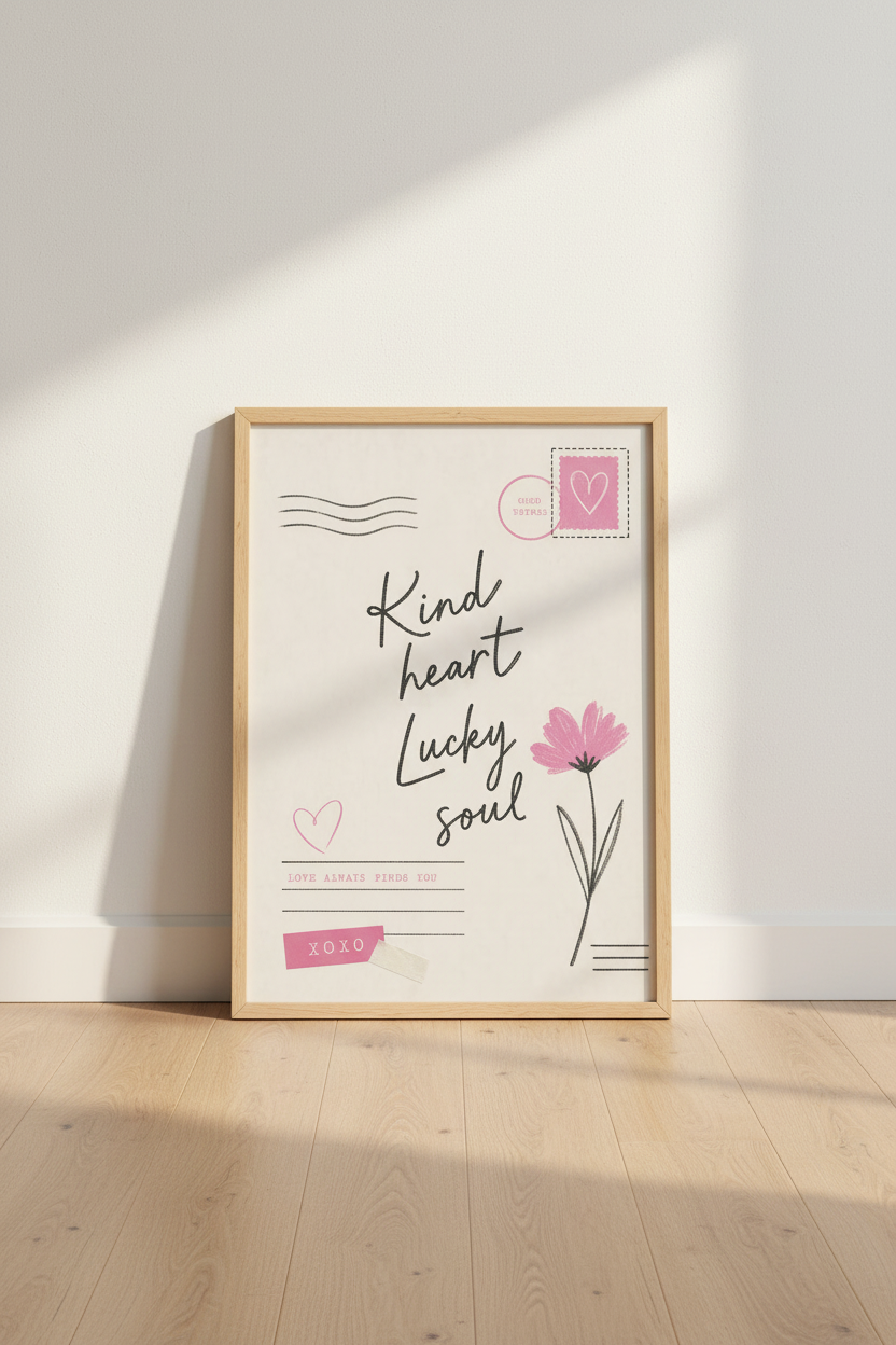 Coquette Quote Art Print | Pink Floral Aesthetic, Kind Heart Lucky Soul Poster