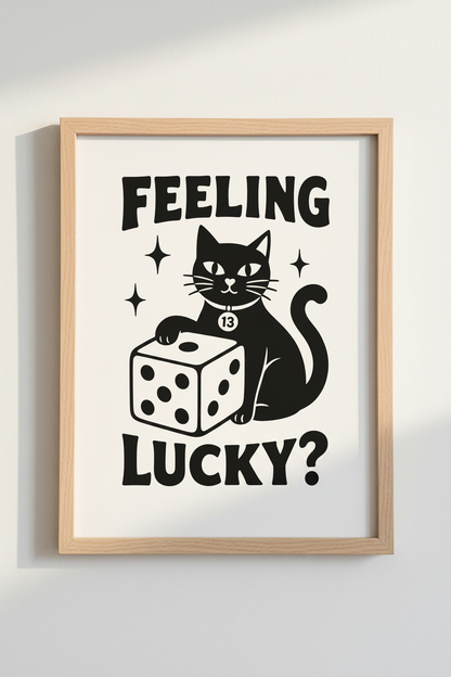 Lucky Cat Wall Art Print | Black and White Retro Dice Poster | Trendy Room Decor