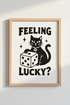 Lucky Cat Wall Art Print | Black and White Retro Dice Poster | Trendy Room Decor