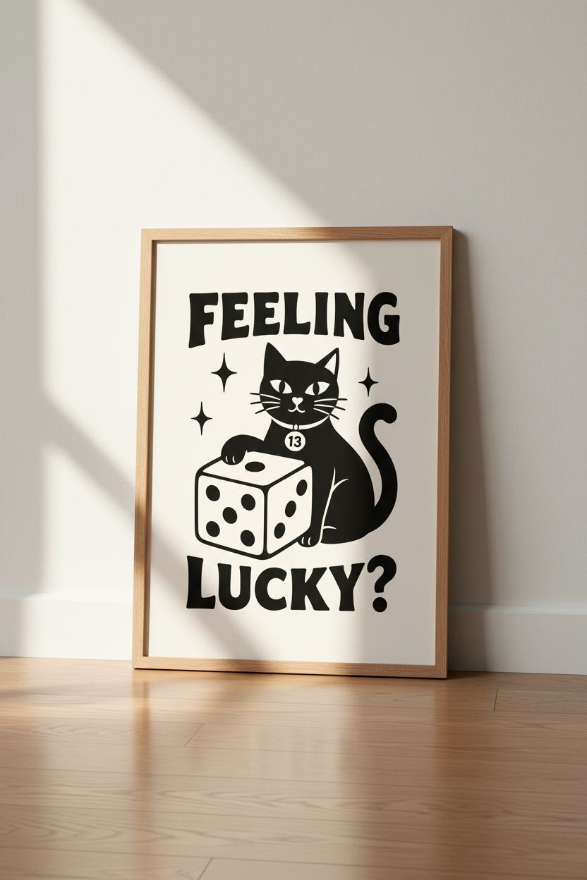 Lucky Cat Wall Art Print | Black and White Retro Dice Poster | Trendy Room Decor