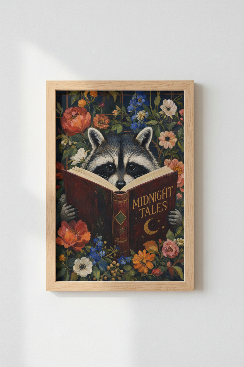 Raccoon Reading Moon Wall Art Print | Dark Academia Library Decor | Moody Floral Poster