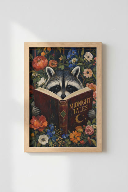 Raccoon Reading Moon Wall Art Print | Dark Academia Library Decor | Moody Floral Poster