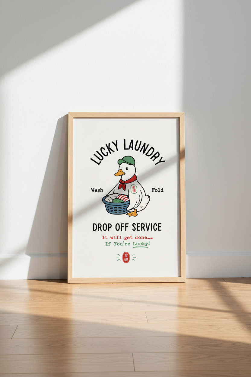 Lucky Laundry Duck Wall Art | Laundry Room Decor | Retro Whimsical Poster