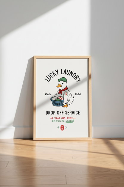 Lucky Laundry Duck Wall Art | Laundry Room Decor | Retro Whimsical Poster