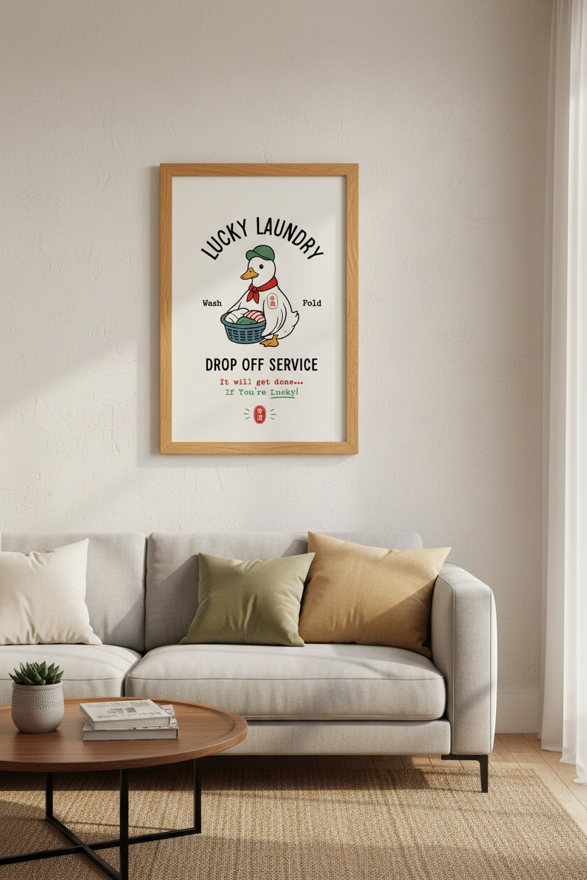 Lucky Laundry Duck Wall Art | Laundry Room Decor | Retro Whimsical Poster