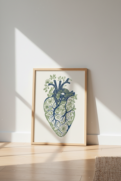 Anatomical Floral Heart Bloom Wall Art | Botanical Navy &amp; Green Medical Poster