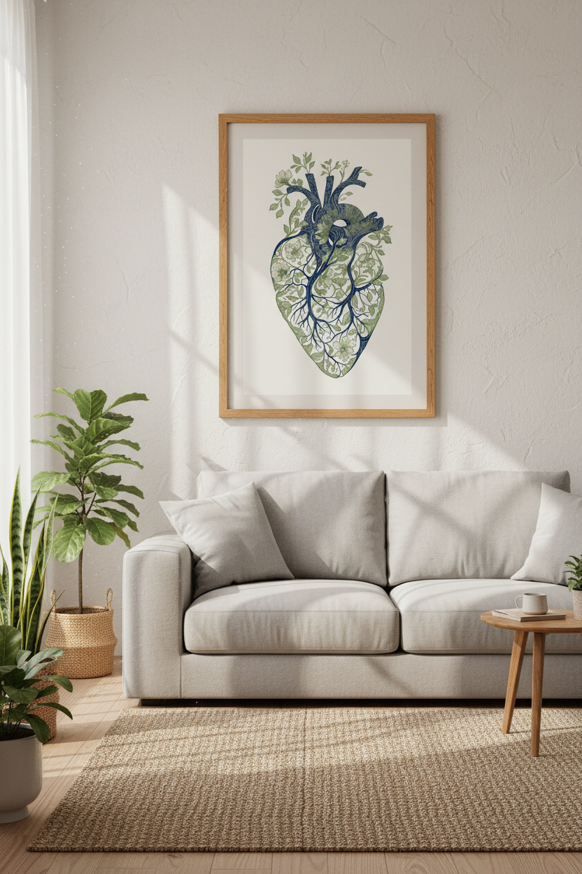 Anatomical Floral Heart Bloom Wall Art | Botanical Navy &amp; Green Medical Poster