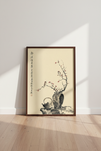 Birds and Blossoms Ink Wash Wall Art | Zen Asian Style Decor | Minimalist Poster