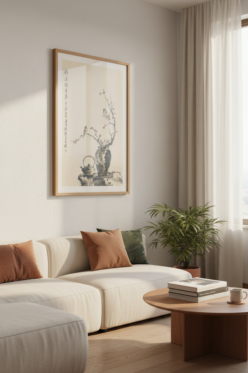 Birds and Blossoms Ink Wash Wall Art | Zen Asian Style Decor | Minimalist Poster