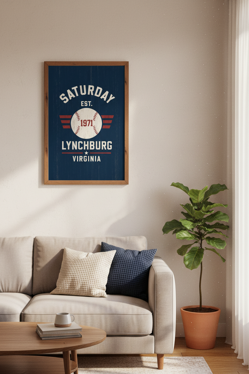 Lynchburg Virginia Baseball Wall Art | Navy Retro Sports Poster | Man Cave Decor