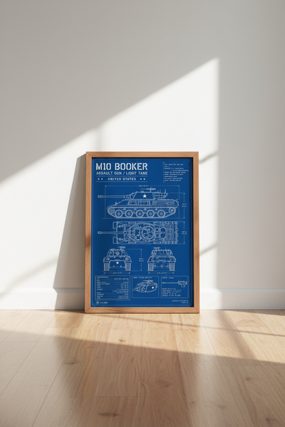 M10 Booker Tank Blueprint Wall Art | Military Technical Poster | Office Decor