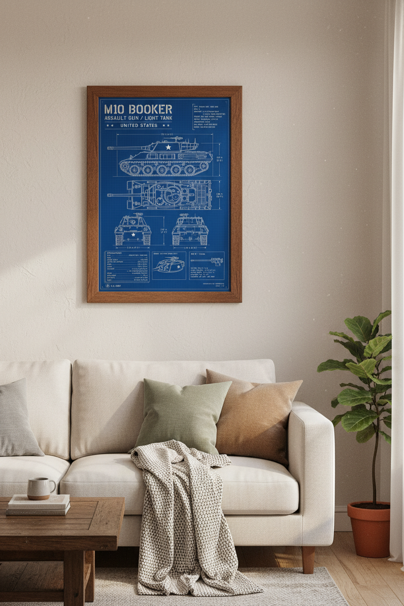 M10 Booker Tank Blueprint Wall Art | Military Technical Poster | Office Decor