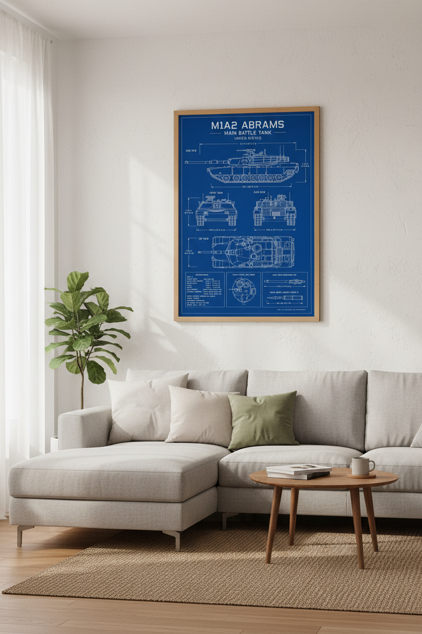 M1A2 Abrams Tank Blueprint Wall Art | Office Decor | Military Engineering Poster