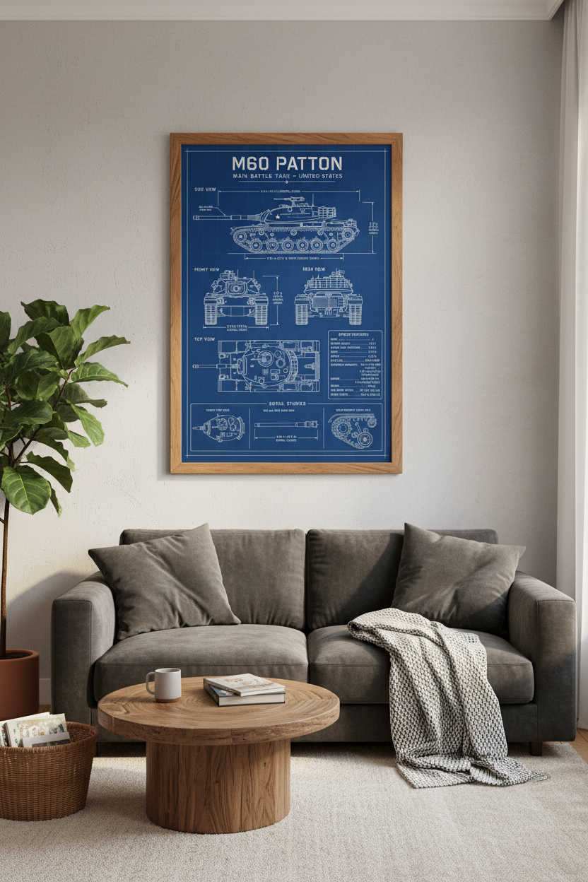 M60 Patton Tank Blueprint Wall Art | Office Decor | Industrial Military Poster