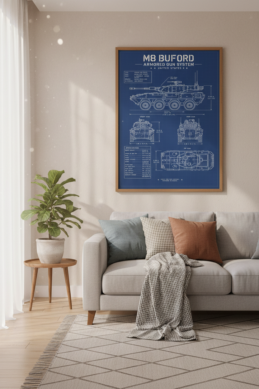 M8 Buford Tank Blueprint Wall Art | Military Office Decor | Industrial Poster