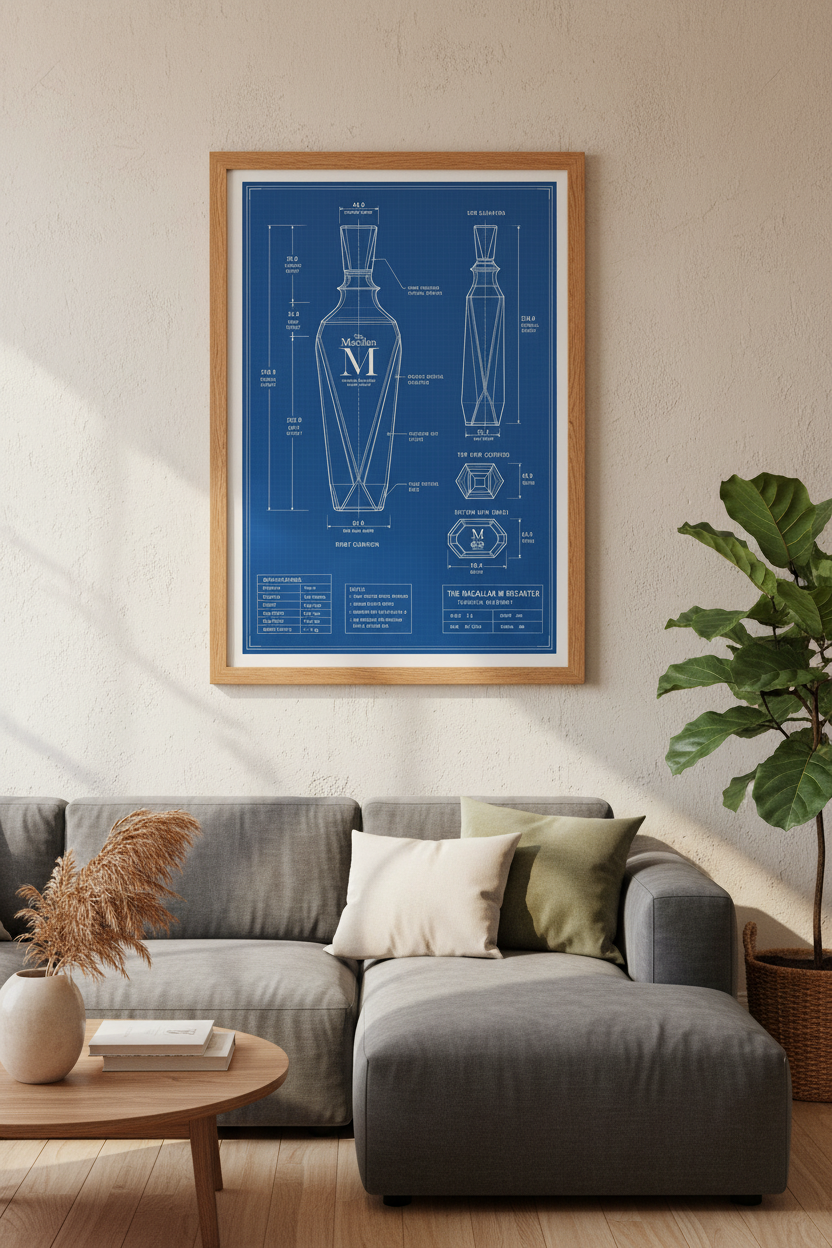 Macallan M Decanter Blueprint Wall Art | Home Bar Decor | Luxury Scotch Poster