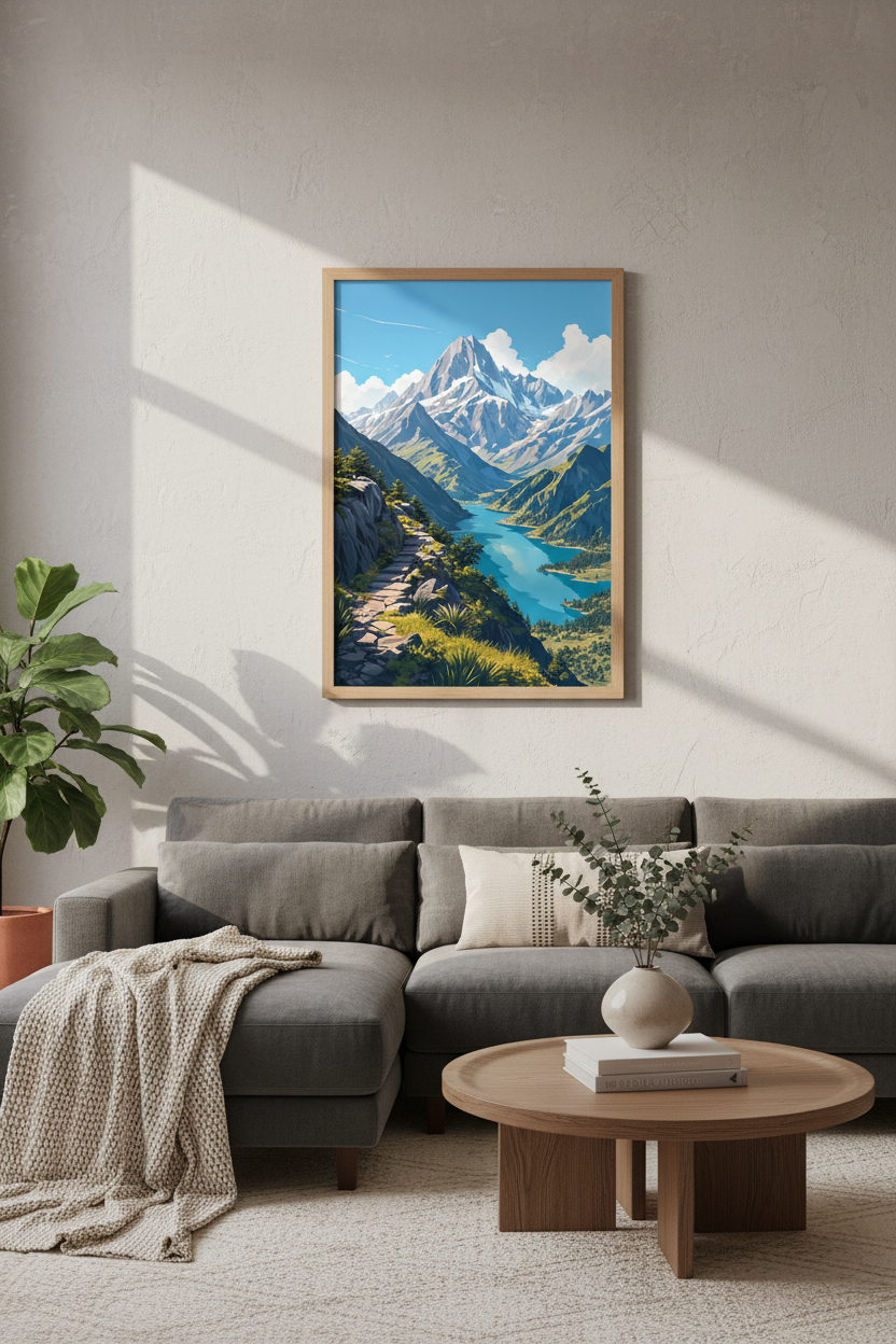 Mountain Landscape Wall Art | Blue Nature Poster, Living Room Decor