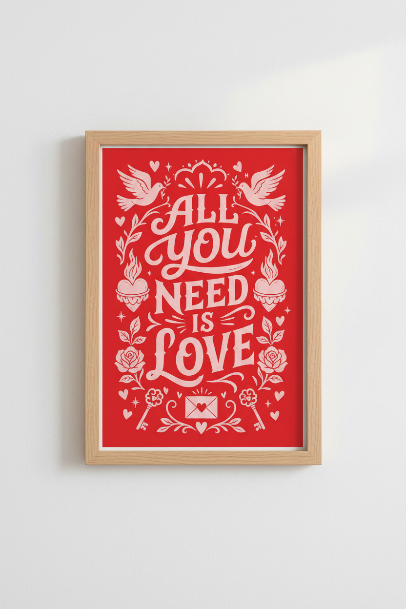 All You Need Is Love Wall Art Print | Red Folk Art Poster | Romantic Bedroom Decor