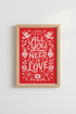 All You Need Is Love Wall Art Print | Red Folk Art Poster | Romantic Bedroom Decor