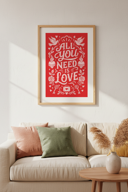 All You Need Is Love Wall Art Print | Red Folk Art Poster | Romantic Bedroom Decor